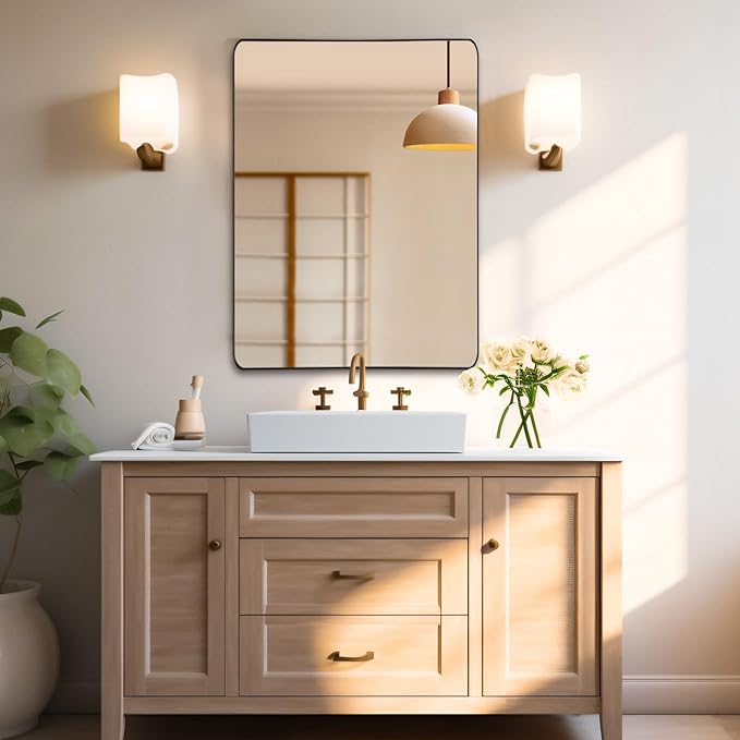 Mirrorons Black Bathroom Mirror 36 x 24 Inch, Black Wall Mirror, Matte Black Bathroom Vanity Mirror with Rounded Corner, Shatterproof (Horizontal/Vertical)