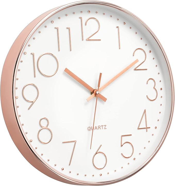 Foxtop Modern Wall Clock 12 Inch Non-Ticking Silent Battery Operated Round Quartz Rose Gold Wall Clock for Office Bedroom Living Room Kitchen Home School Decor