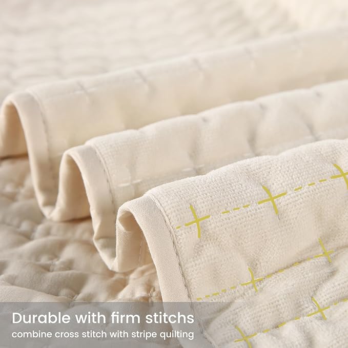 Reversible Velvet Quilt Queen Size, Luxurious Quilted Bedspread Bedding Set, Lightweight Coverlet with Brushed Back, Ultra Soft Cozy Warm for All Season, Cross Stitch Striped, Cream