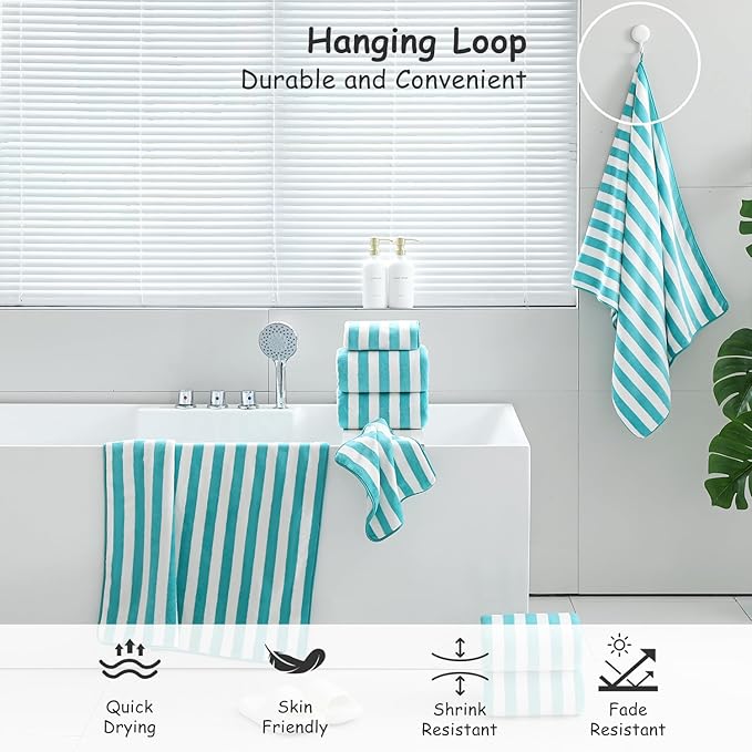18 Pcs Turquoise Cabana Stripe Family Towels Set with Hanging Loop-6 Bath Sheets,6 Hand Towels,6 Washcloths Soft Bathroom Towel Highly Absorbent Quick Dry Shower Towel for Beach Chair,Spa,Gym,Hotel