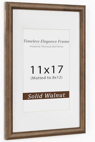 11x17 Picture Frame, USA-Sourced Walnut Wood Frame with Tempered Glass, Display 8x12 with Mat or 11x17 Without Mat, 11 by 17 Photo Frame for Vertical & Horizontal Display, Handcrafted, 1 Pack
