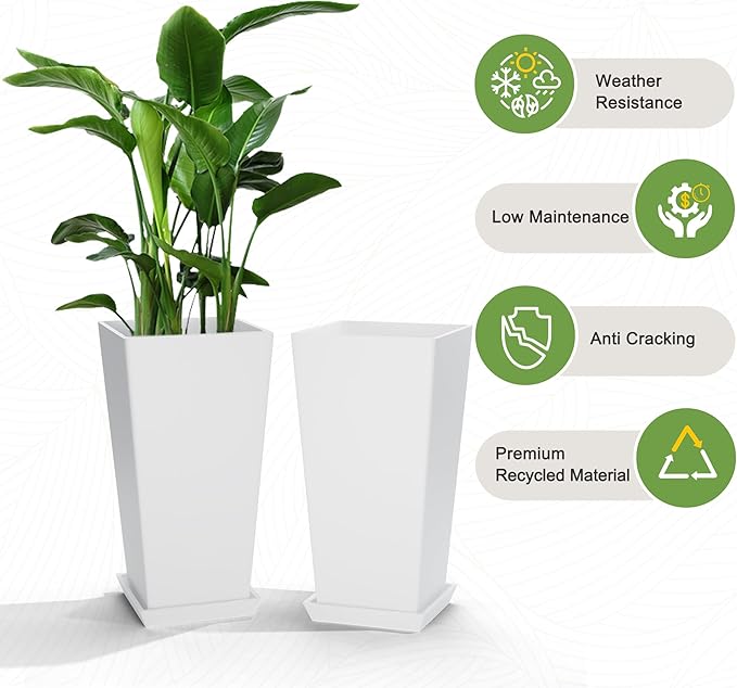 Elevens Set of 2 Tall Outdoor Planters 20 Inch, Large Planters for Indoor Outdoor Plants, Tapered Square Flower Pots with Tray for Patio, White