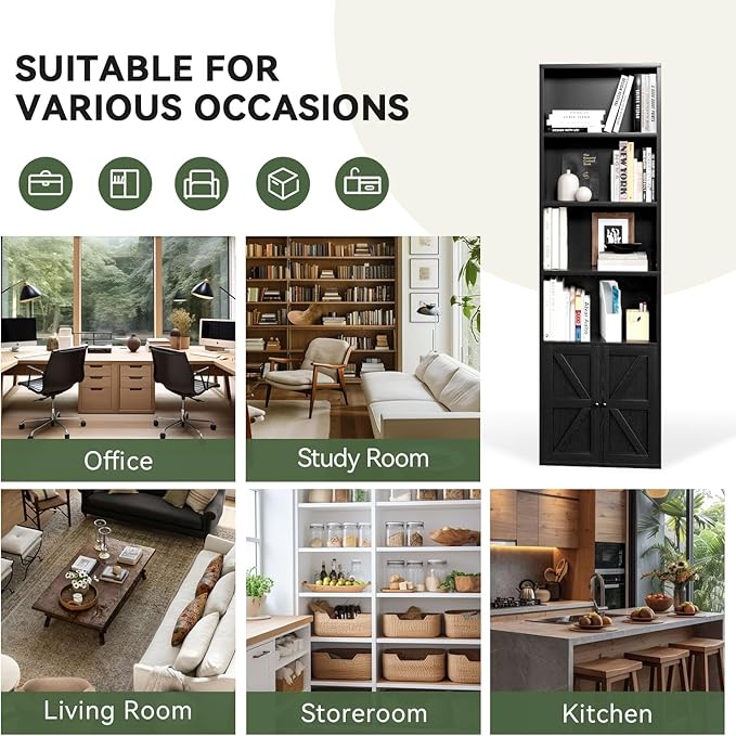 Tall Bookshelf Set of 2, 6 Tier Floor Standing Bookcase with Two Hinged Doors, Storage Organizer Display Shelves, Modern Corner Bookshelf Storage Cabinet for Living Room, Office, Black