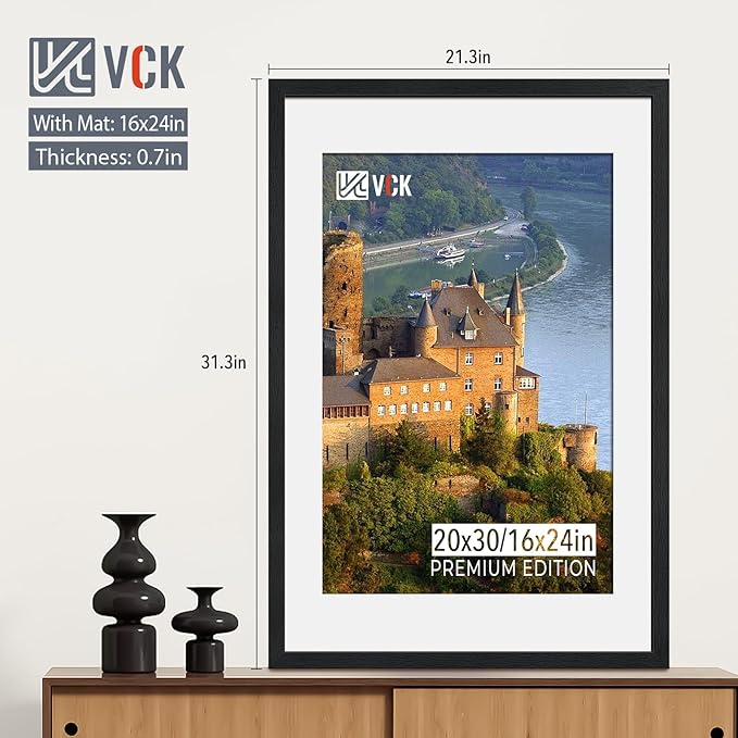 VCK 20x30 Poster Frame Black - with Mat 16x24, Solid Wood Picture Frame with Exclusive Textured, Horizontal and Vertical Formats with Included Hanging Hardware, 2 Pack