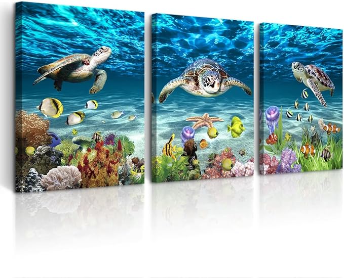 DZRWUBHS Large Canvas Art - Blue Ocean Sea Turtle Wall Painting Set of 3 for Living Room, Bedroom, Modern Office, Bathroom Decor