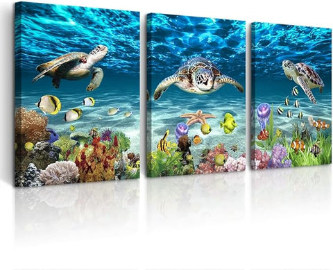 DZRWUBHS Large Canvas Art - Blue Ocean Sea Turtle Wall Painting Set of 3 for Living Room, Bedroom, Modern Office, Bathroom Decor