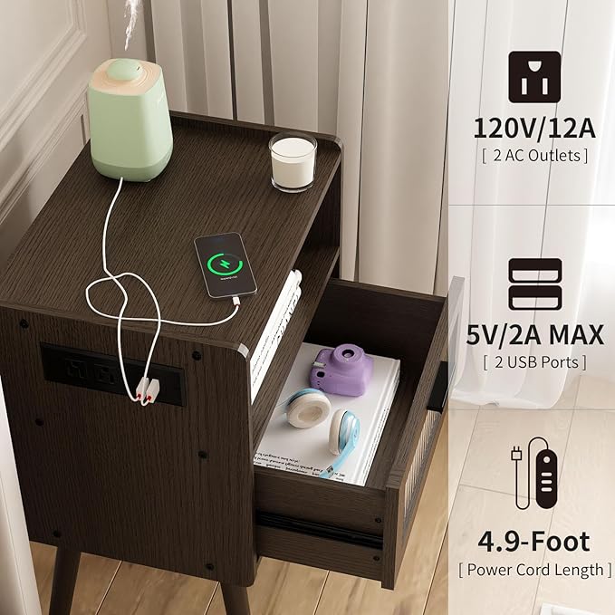Mid Century Modern Nightstand with Charging Station, Bedside Tables with Glass Drawer, End Table Side Table with 2 Tiers Storage Space, for Bedroom, Living Room, Dark Grey