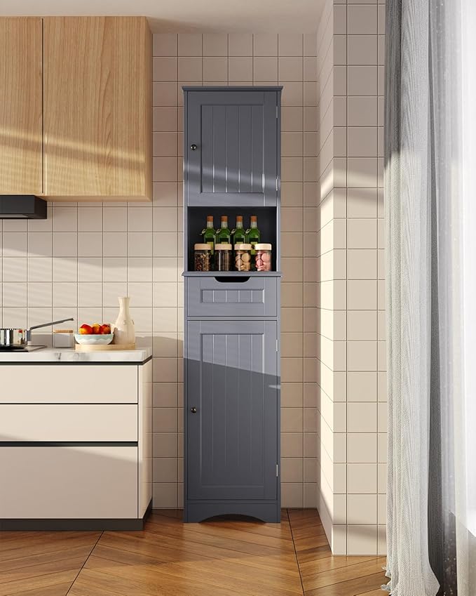 Gizoon 67" H Tall Bathroom Cabinet, Storage Cabinet with 2 Doors & Drawer, Narrow Linen Tower Freestanding Adjustable Shelves for Home, Kitchen, Versatile, Anti-Tipping, Grey