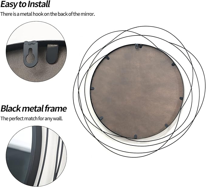 ironsmithn Round Decorative Wall Mirror, Gold Metal Frame with Orbital Design, Modern Contemporary Style, Circle Mirror for Bathroom Vanity, Living Room or Bedroom 26.8” x26.8” (Black)