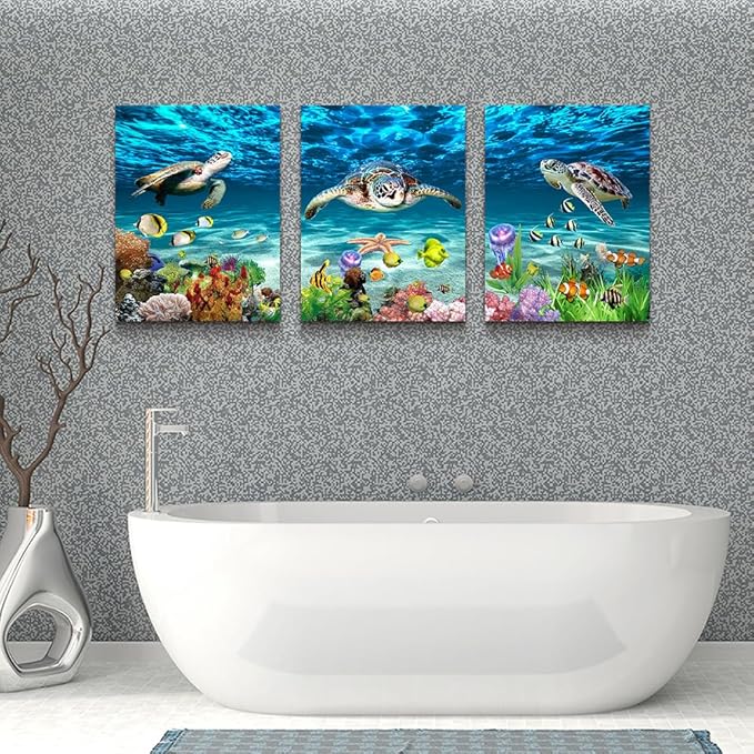 DZRWUBHS Large Canvas Art - Blue Ocean Sea Turtle Wall Painting Set of 3 for Living Room, Bedroom, Modern Office, Bathroom Decor