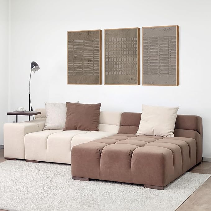 Large Abstract Brown Beige Framed Canvas Wall Art,Modern Lines Dots Wall Decor,Boho Neutral Minimalist Artwork,Mid Century Geometric Art Print for Living Room,Bedroom,Office-24 x36 x3