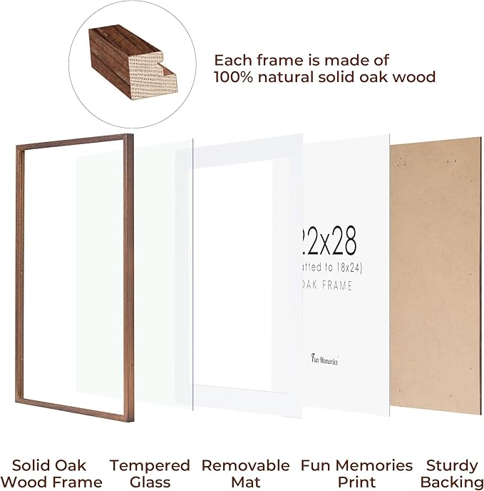 22x28 Picture Frame in Walnut, 22 x 28 Poster Frame for Wall, Solid Oak Wood Picture Frame 22"x28" with Glass, 22x28 Frame Matted to 18x24, 28x22 Wood Frame, 22 by 28 Art Frame, Walnut Color, 1 Pack
