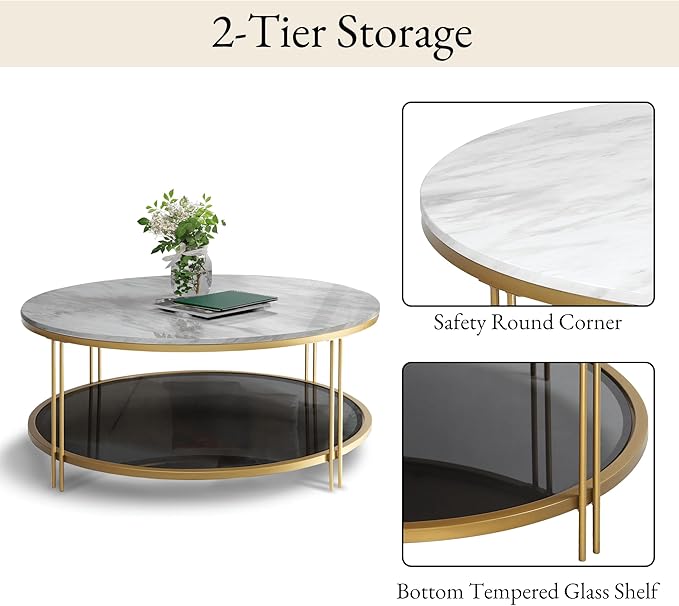 Modern Round Coffee Table with Faux Marble Top, Smoky Tempered Glass Shelf, Gold Metal Frame, 36" Living Room Center Table with Storage