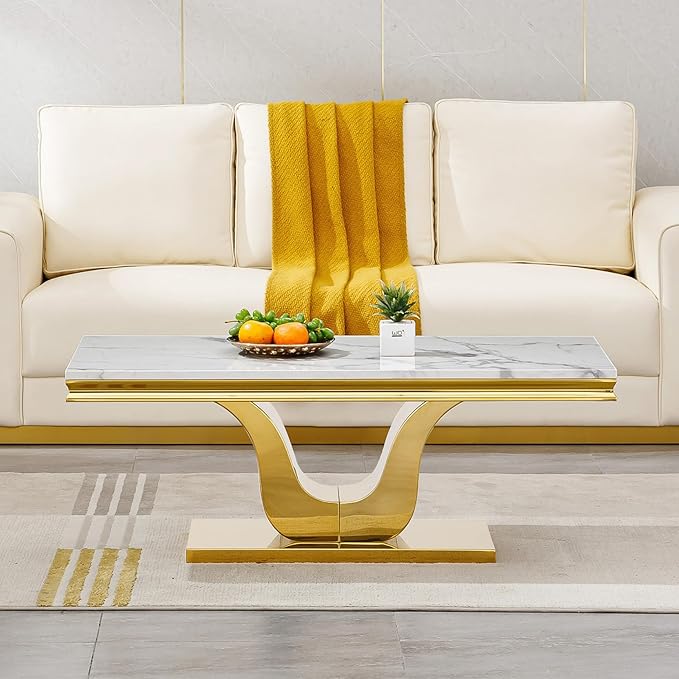 SSLine Rectangular Faux Marble Coffee Table for Living Room Modern Luxury White Marble Center Table with Gold Pedestal Base 46.8" Mid-Century Cocktail Table with Mirrored Stainless Steel Frame