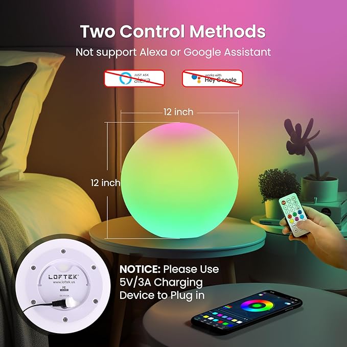 LOFTEK Color Changing Night Light, Smart LED Lamp with Bluetooth APP and Remote Control, Music Sync, 220 Scene Modes, 12-inch RGB Ball Mood Lighting for Living Room, Bedroom Event(Corded Electric)