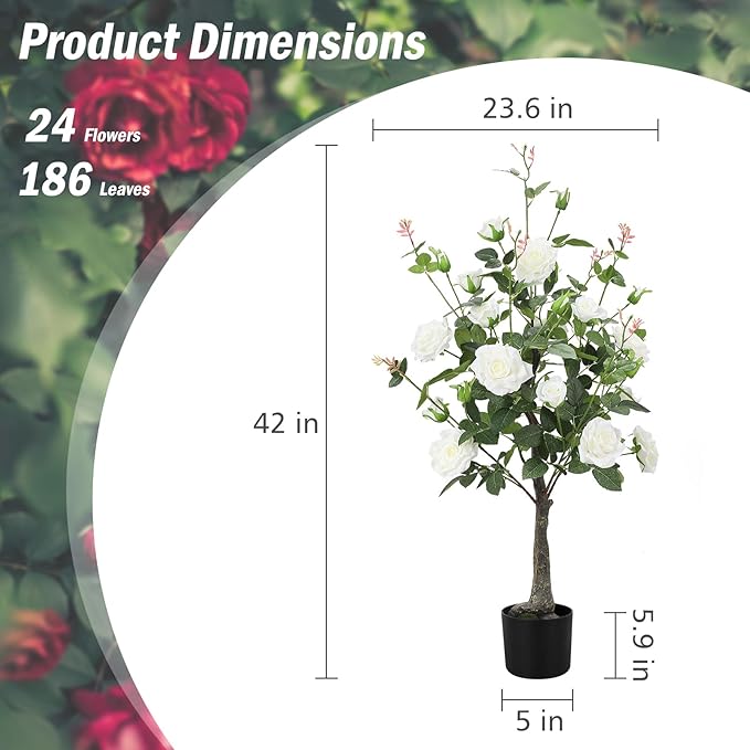 Romantic season 2Pack Artificial Rose Flower Trees, 42Inch White Faux Rose Tree with Green Leaves for Living Room Office Home Outdoor Indoor Decor