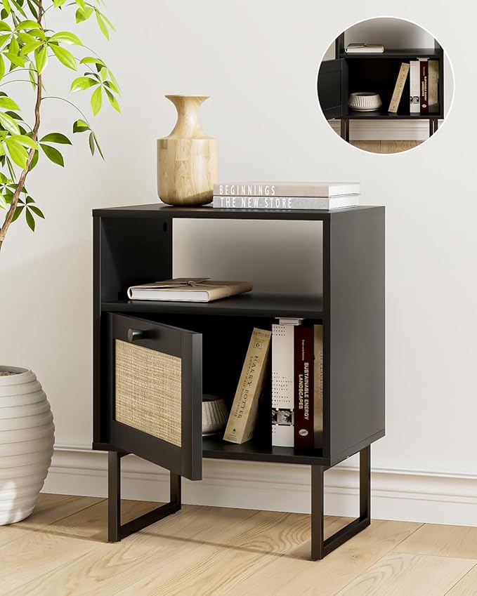 Rattan Nightstand, Boho Night Stand Farmhouse Wood Bedside Table with Storage and Open Shelf, End Side Accent Table for Bedroom,Living Room,Black