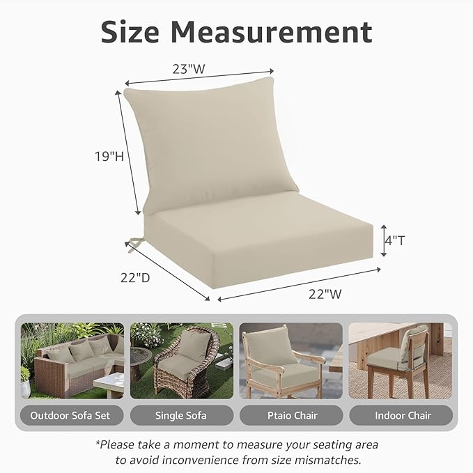 Outdoor Seat Cushion Set 22 x 22 x 4 Inch, Waterproof & Fade Resistant Patio Furniture Cushions with Removable Cover, Thick Deep Seating Pads for Outside Chair Sofa Couch