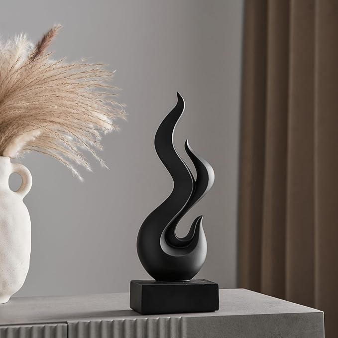 FJS Black Abstract Flame Statue for Home Decor, Modern Decorations for Living Room Shelf Accents, Resin Sculpture for Dining Room Office Coffee Table Centerpiece