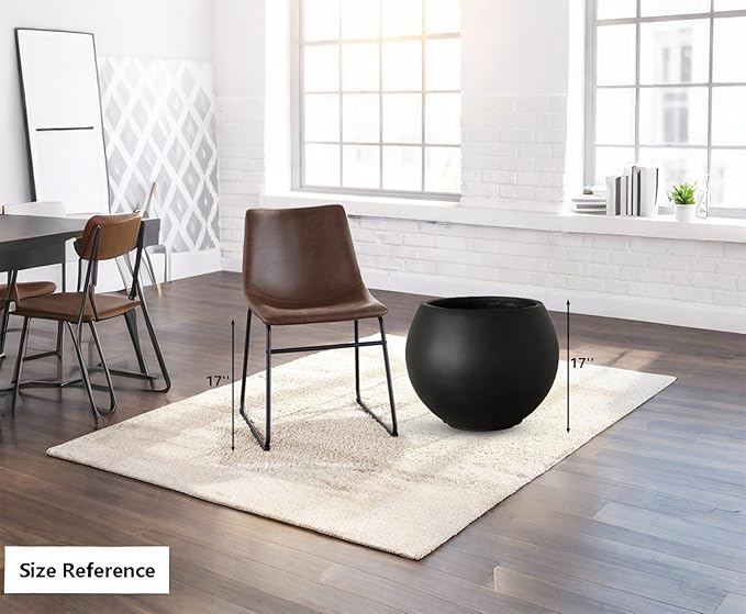 17 H x 21" Dia (15" Pot Opening) Black Round Fiberstone Tall Planter with Drainage Hole, Indoor/Outdoor Large Plant