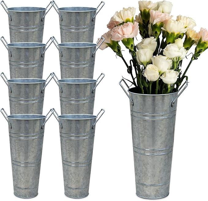 9 Inch Galvanized Metal Vases Farmhouse French Flower Bucket Vases for Cut Flowers, 8 Pcs Farmhouse Decorative Tall Flower Bucket with Handles for Table Weddings Home Decor (Silver, 8 Pcs 9inch)