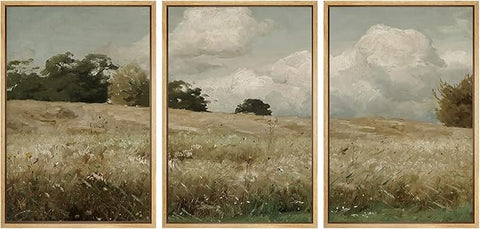 SIGNWIN Framed Canvas Print Wall Art Woodland Nursery Decor Set Watercolor Country Field Landscape Pasture Nature Abstract Fine Art Nordic for Living Room, Bedroom, Office - 24"x36"x3 Natural