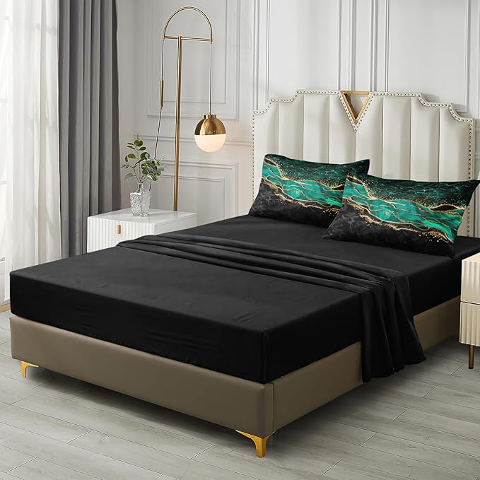 Emerald Green Comforter Set King Black Gold Marble Bed in a Bag 8 Pieces Bedding Set with 1 Green Black Marble Comforter, 1 Flat Sheet, 1Fitted Sheet, 4 Pillowcases, 1 Cushion Cover