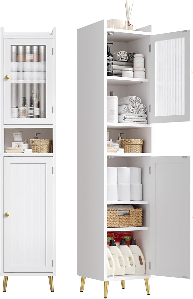 69'' Tall Bathroom Storage Cabinet with 2 Adjustable Shelves, White 6 Tier Narrow Bathroom Cabinet with 2 Doors, Slim Linen Cabinets for Brathroom,Home Office,Wood