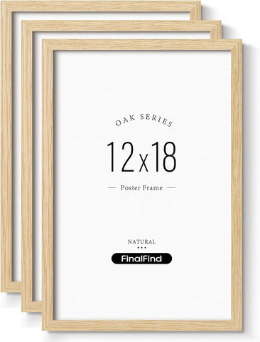 12x18 Frame Set of 3, Natural Solid Oak Wood 12x18 Poster Frame, Lightweight for Wall Mounting(3 Pack, Oak)