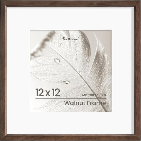 12x12 Picture Frame, Solid Walnut Wood Photo Frame with Tempered Glass, Handcrafted Rounded Corner 12 x 12 Wooden Frame Matted to 8x8 Photos, Horizontal or Vertical Wall Mounting