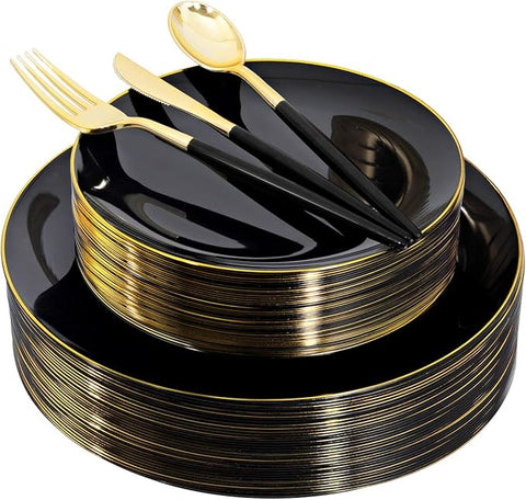 150pcs Black Plastic Plates, Black and Gold Plates,Gold Plastic Silverware,Black and Gold Dinnerware Set,Premiun Taleware,Perfect for Birthday,Party,Wedding,Anniversary