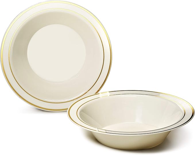 OCCASIONS 120 Bowls Pack, Heavyweight Disposable Wedding Party Plastic Bowls (14oz Soup Bowl, Ivory & Gold Rim)
