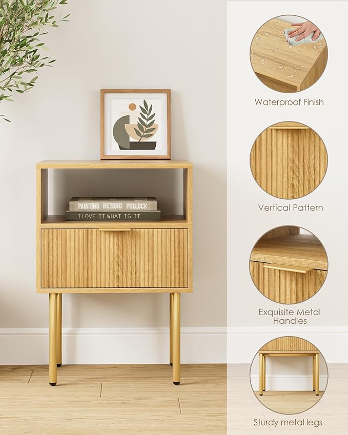 Nightstand,Morden Bedside Table with Gold Frame,Small White Night Stand,End Table,Bedside Furniture,Side Table with Drawer and Shelf for Bedroom,Living Room (1Drawer, Oak)