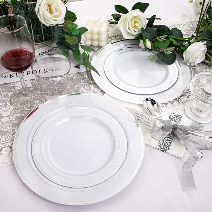 bUCLA 350PCS Silver Plastic Dinnerware Set for 50 Guests - Silver Plates Disposable Include 50 Dinner & 50 Dessert Plates,50 Forks,50 Knives,50 Spoons,50 Cups,50 Napkins for Party
