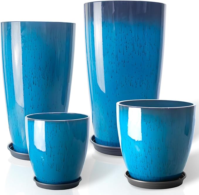 ZMTECH 24/21/12/10" H Large Plastic Planters with Drainage Hole & Saucer, Set of 4 Tall Plant Pots for Indoor/Outdoor Use, Gradient Blue Glossy Smooth Flower Pot for Front Porch Patio Garden