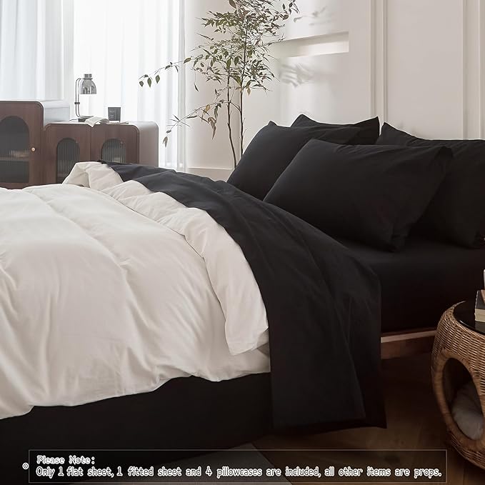 6PS Linen Like Bedding Sheet Sets Black Queen Size Cotton Bedding Set Oeko-TEX Standard 100% Washed Cotton Deep Pocket Queen Size Fitted Sheet Plus Cozy Flat Sheet and 4 Pillowcases