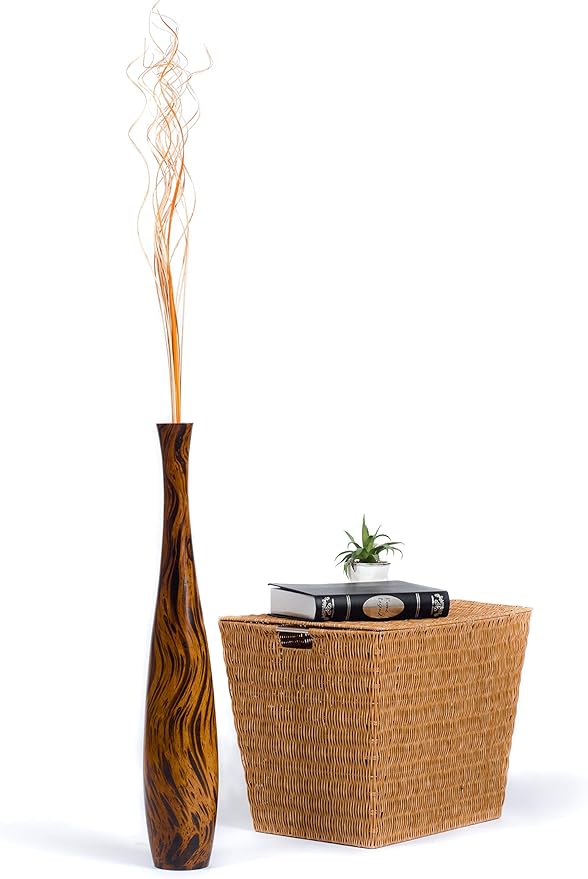 Leewadee Large Brown Light Brown Home Decor Floor Vase – Wooden 26 inches Tall Farmhouse Decor Flower Holder for Fake Plant and Pampas Grass