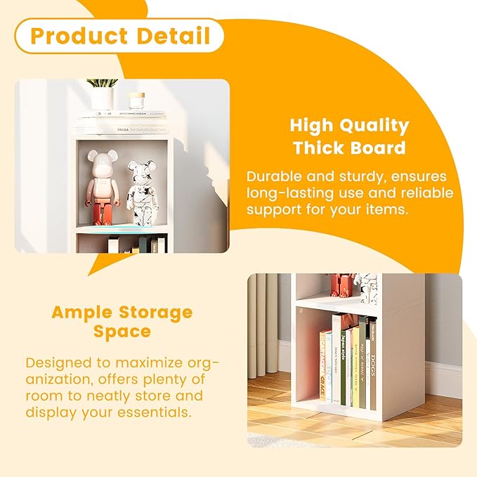 Narrow Bookshelf, 24" H Floor Standing Bookcase, Open Bookshelves Storage Organizer Display Shelves, Modern Corner Bookshelf Storage Cabinet for Living Room, White