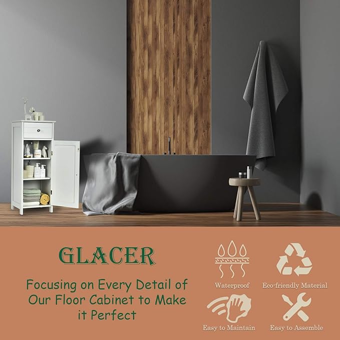 GLACER Floor Storage Cabinet, Multifunctional Bathroom Storage Cabinet with 2 Adjustable Shelves, Ideal for Bathroom, Living Room, 14 x 12 x 34.5 inches (White)