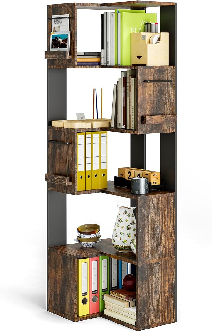 PPAMAPIC 5 Tier Corner Bookshelf, 63" Tall L Shaped Bookcase, Corner Cabinet, Wood Grain Shelf Display Rack for Kitchen, Bedroom, Living Room (Brown)