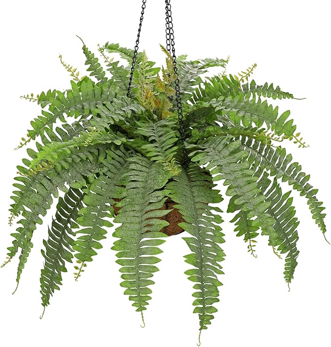 Fake Hanging Plants Large Boston Fern Artificial Plants Outdoor Realistic Fake Ferns with Palm Basket Silk Plants Ferns Hanging Plant Artificial Decor for Home Front Porch Window Garden - Dusty Green