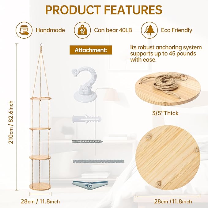 Hemp Rope Hanging Plant Shelf from Ceiling for Narrow Space or window Boho Hanging plant Shelves, Natural Pine Wooden Plant Stand Display for Indoor, Outdoor, Corner, Balcony, Living Room and Bedroom