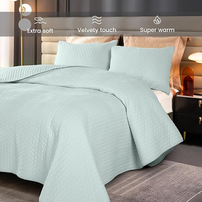 Velvet Quilt Queen Size, Luxurious Quilted Bedspread Bedding Set, Ultra Soft Cozy Coverlet with Brushed Back, Lightweight Reversible Comforter for All Season, Pale Blue