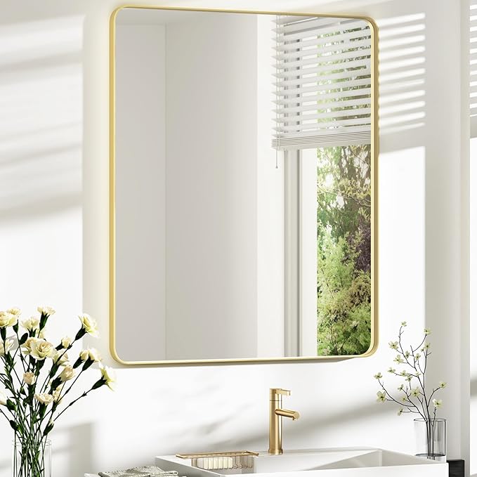 Bathroom Mirror 30x36 inch, Rustproof Aluminum Metal Framed Mirror for Wall, Matte Gold Bathroom Vanity Mirror, Shatterppoof Mirror, Living Room, Hanging or Leaning Horizontal or Vertical
