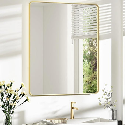 Bathroom Mirror 30x36 inch, Rustproof Aluminum Metal Framed Mirror for Wall, Matte Gold Bathroom Vanity Mirror, Shatterppoof Mirror, Living Room, Hanging or Leaning Horizontal or Vertical