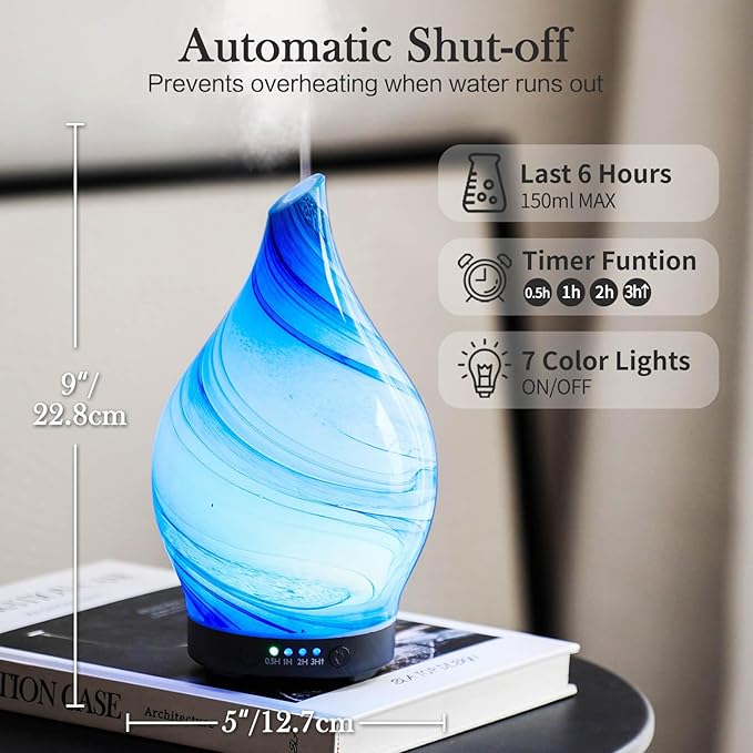 Porseme 150ml Essential Oil Diffuser Glass Color Changing Aroma Air Diffusers Aromatherapy Ultrasonic Cool Mist Humidifier 6 Running Hours Waterless Auto-Off for Sleeping Yoga Office Spa (Blue Ink)