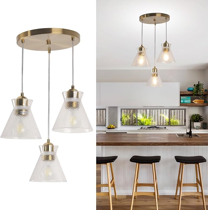 Industrial Farmhouse 3 Pendant Chandelier Light with Handblown Seeded Glass Shade Gold Brushed Nickel Hanging Light for Kitchen Island Dining Room Living Room,Foyer,Stairway