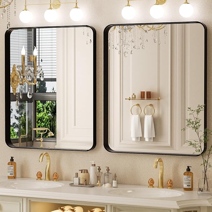 30×36 Framed Mirrors for Wall - Rectangle Black Vanity Mirror with Tempered Glass & Rounded Corners for Bathroom Sink, Bedroom, Hallway, Restroom, Rustproof Frame, Horizontal/Vertical, Modern
