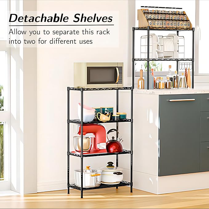 Homdox 6-Tier Storage Shelf Wire Shelving Unit Free Standing Rack Organization Adjustable Leveling Feet, Stainless Side Hooks, Black