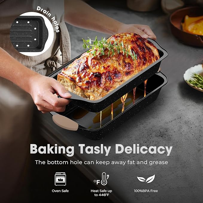11-Piece Baking Pans Set, Nonstick Bakeware Sets, Oven Pans for Baking with Silicone Handles, Includes Cookie Sheet, Cake Pans, Loaf Pan, Pizza Pan, Muffin Pan, Khaki&Black¡­